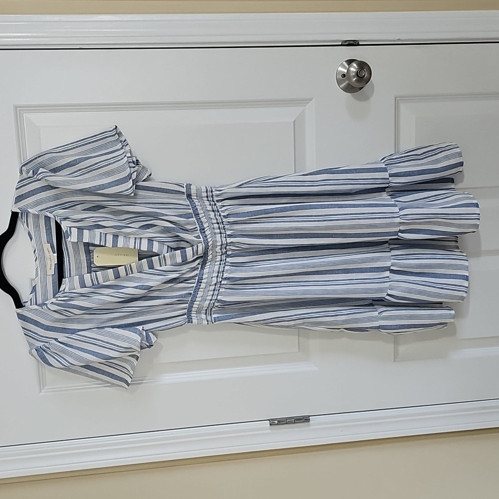 Monteau Los Angeles Blue and White Striped Plungeline Dress - Size Small, NWT